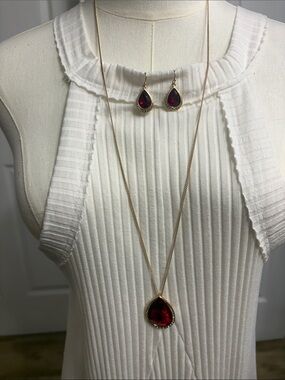 Gold-Tone Red Teardrop Pendant Necklace & Earrings Set